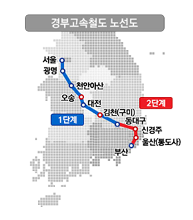 경부고속철도 노선도-1단계:서울,광명,천안아산,오송,대전,김천(구미),동대구/2단계:동대구,신경주,울산(통도사),부산