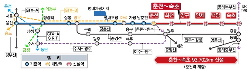 춘천~속초 철도건설 노선 관련 그림