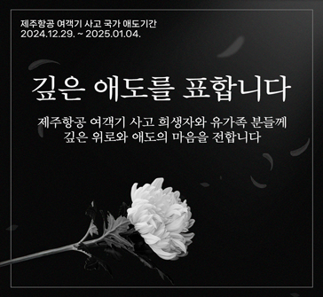 제주항공 여객기 사고 국가 애도기간
2024.12.29.~2025.01.04.

깊은 애도를 표합니다

제주항공 여객기 사고 희생자와 유가족분들께
깊은 위로와 애도의 마음을 전합니다
