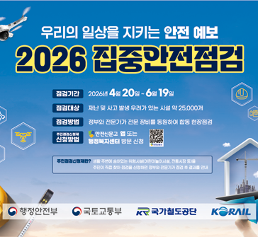 우리의 일상을 지키는 안전 예보, 2026 집중안전점검
점검기간: 2026년 4월 20일 ~ 6월 19일
점검대상: 재난 및 사고 발생 우려가 있는 시설 약 25,000개
점검방법: 정부와 전문가가 전문 장비를 동원하여 합동 현장점검
주민점검신청제 신청방법: 안전시문고 앱 또는 행정복지센터 방문 신청
주민점검심청제란? 생활 주변에 숨어있는 위험시설(어린이놀이시설, 전통시장 등)을 주민이 직접 찾아 점검을 신청하면 정부와 전문가가 점검 후 결과를 안내
행정안전부, 국토교통부, 국가철도공단, KORAIL